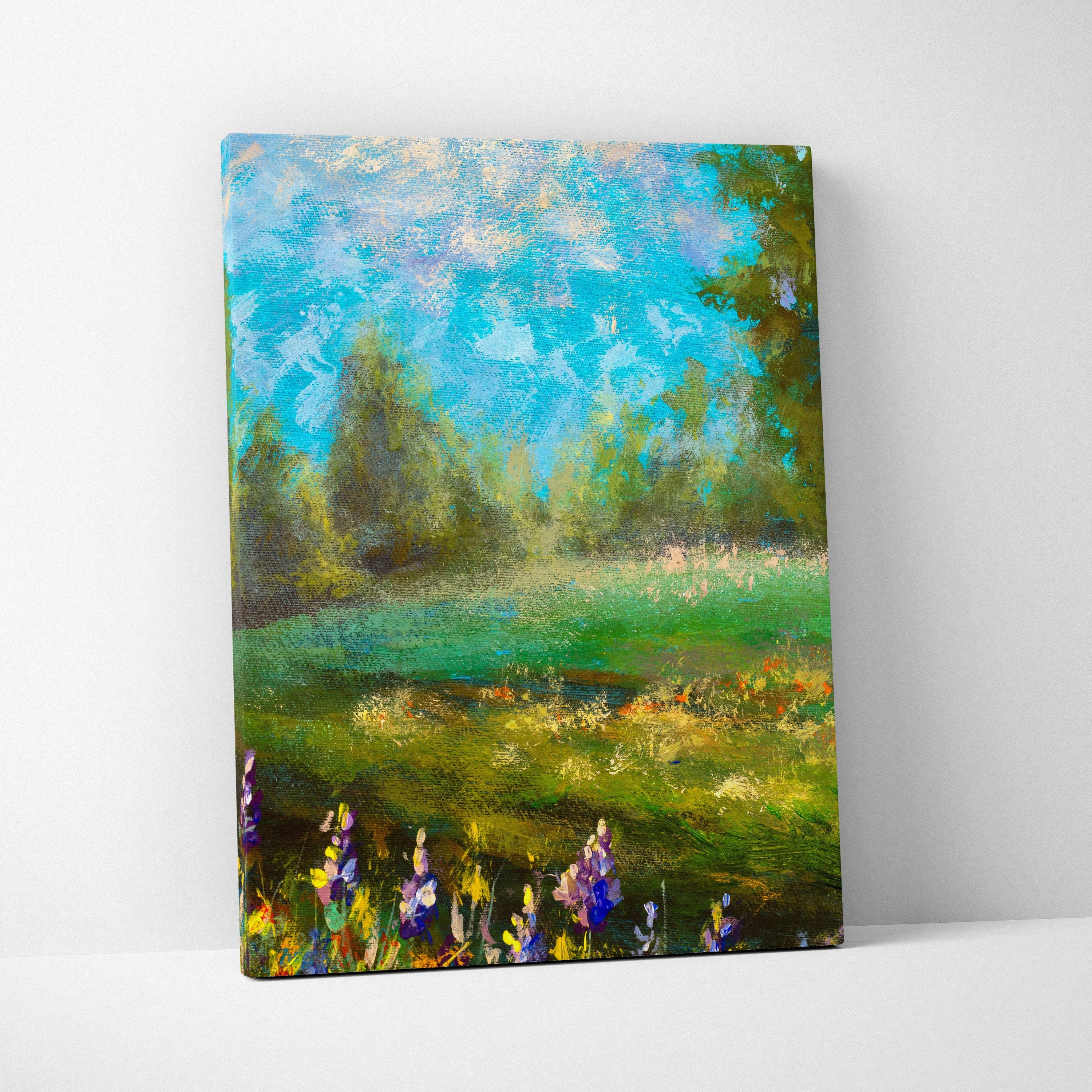 Green meadow landscape canvas print of a sunlit meadow with purple and yellow wildflowers and green trees under blue sky