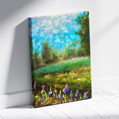 Green meadow landscape canvas print featuring sunlit meadow with purple and yellow wildflowers and bright blue sky