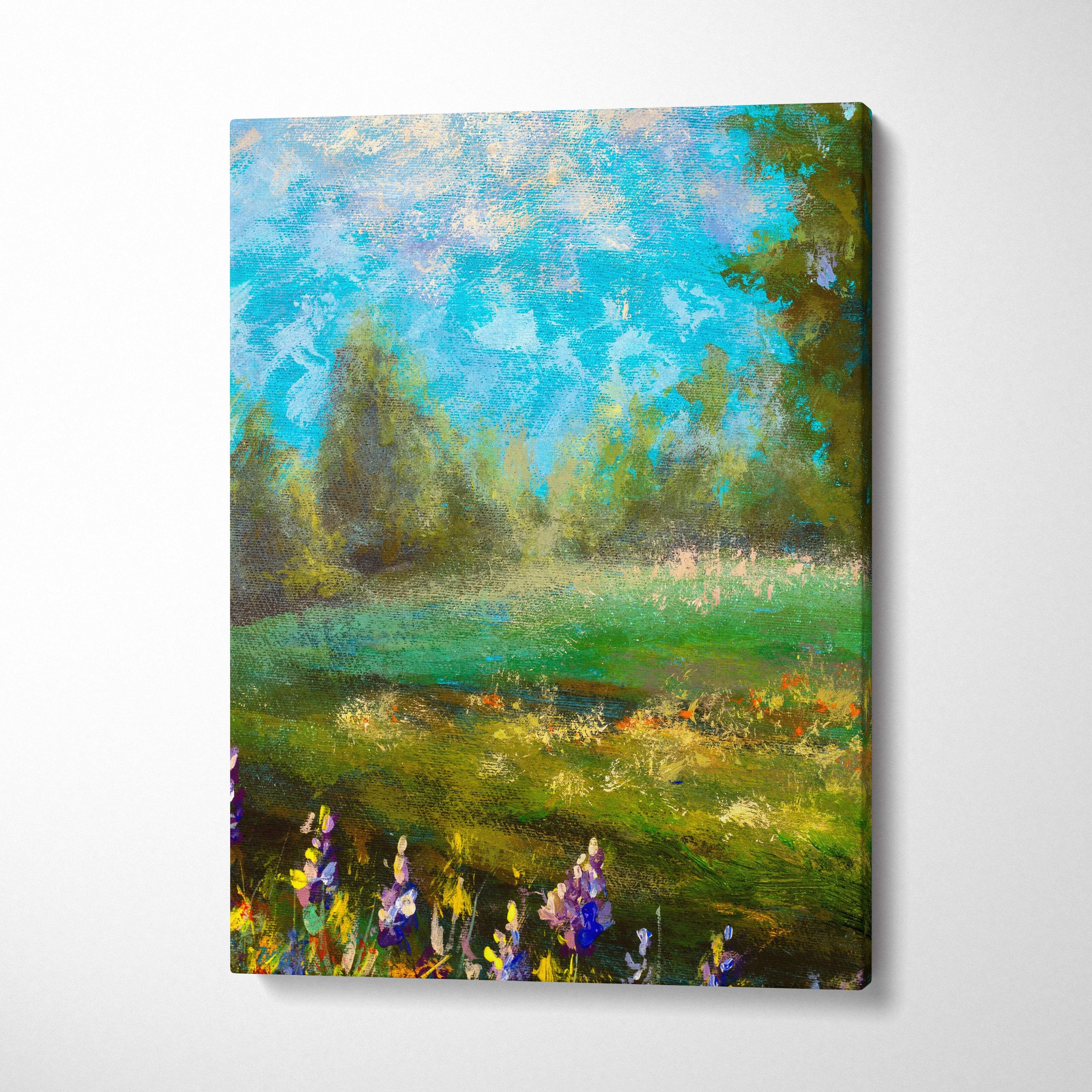 Green meadow landscape canvas print featuring vibrant impressionist wildflowers trees and a bright blue sky