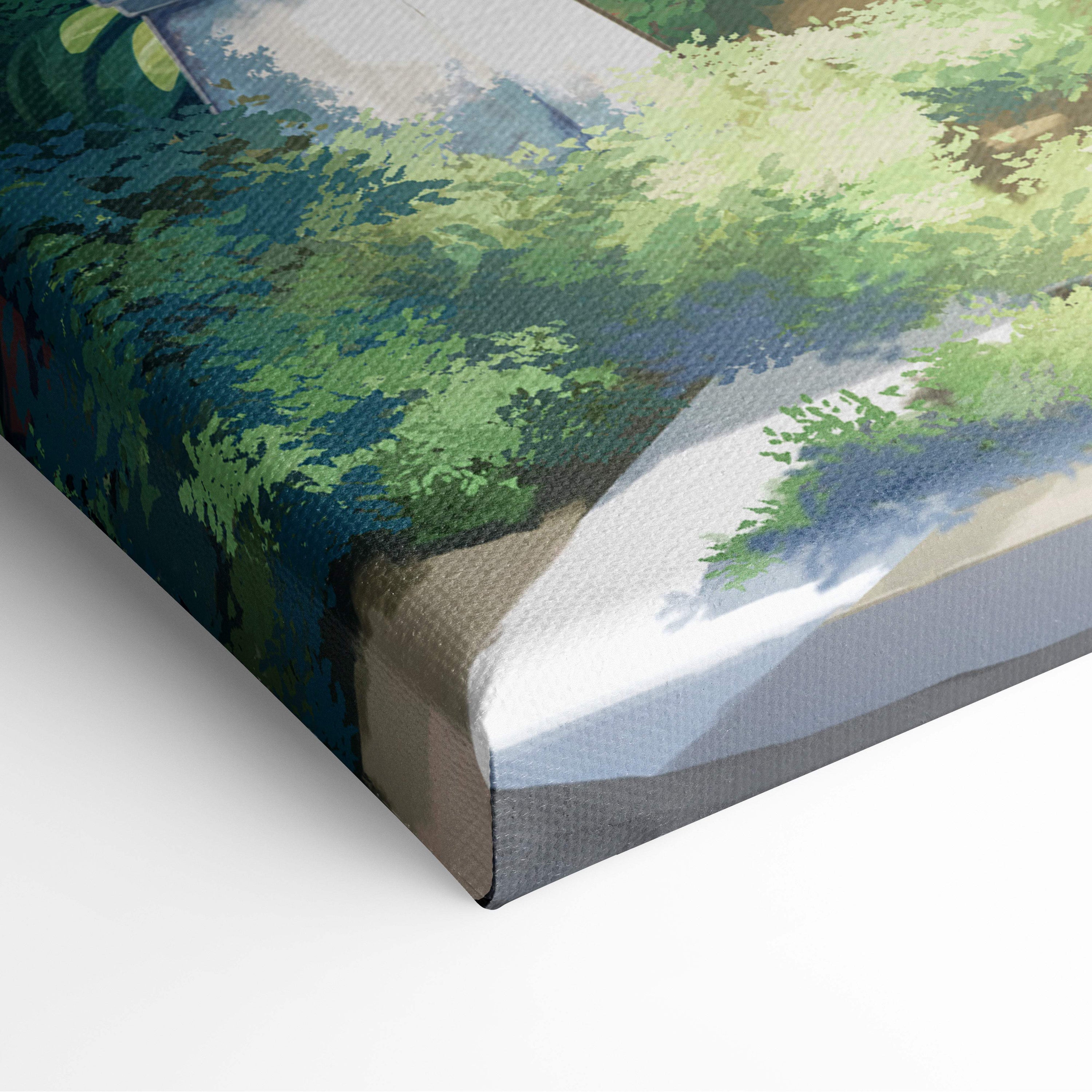 A canvas print featuring a blue green watercolor landscape with lush foliage for modern bedroom or gamer room decor