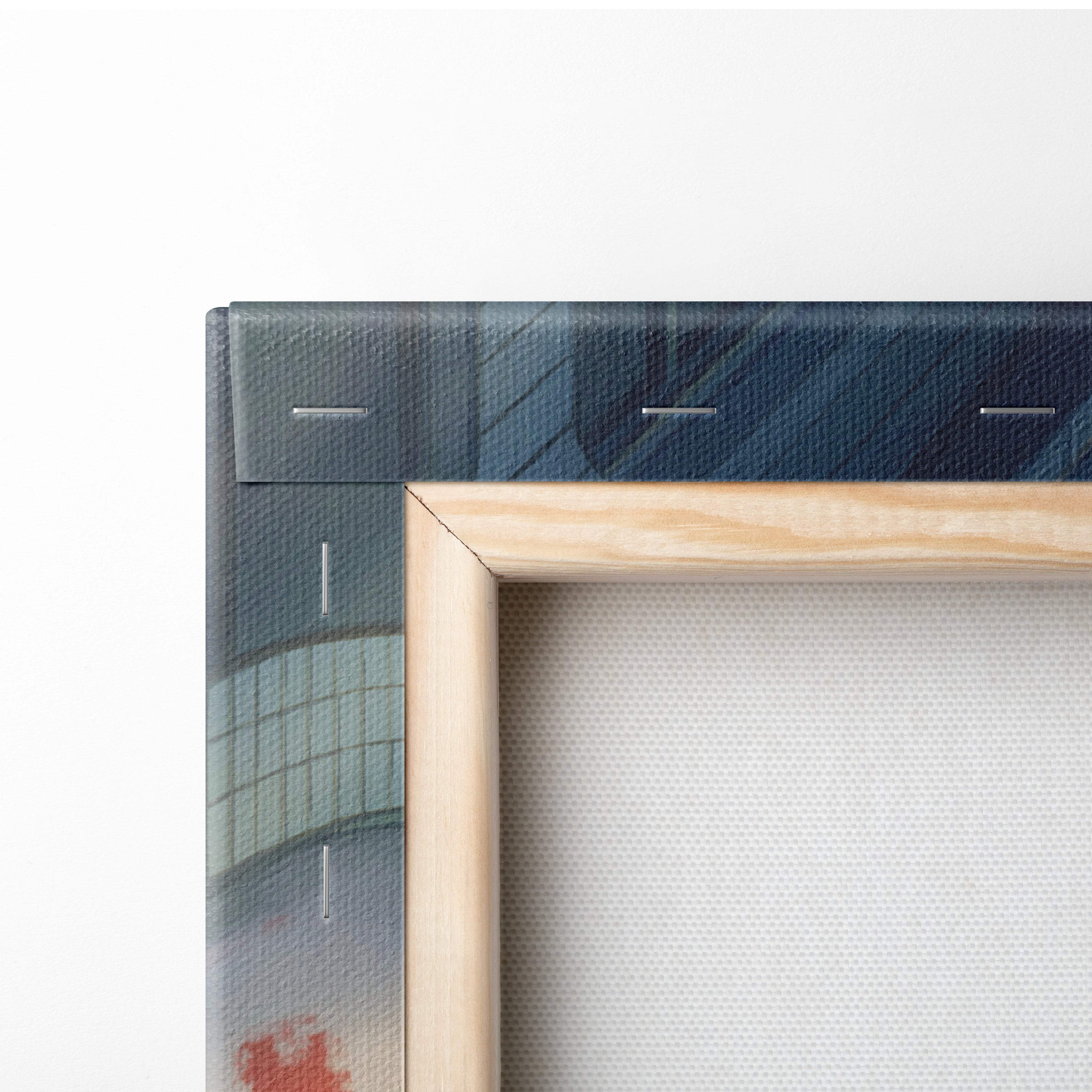 Light wood-framed canvas print with dark blue and green abstract design for modern bedroom or gamer room decor