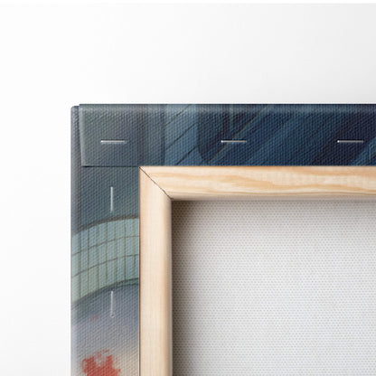 Light wood-framed canvas print with dark blue and green abstract design for modern bedroom or gamer room decor