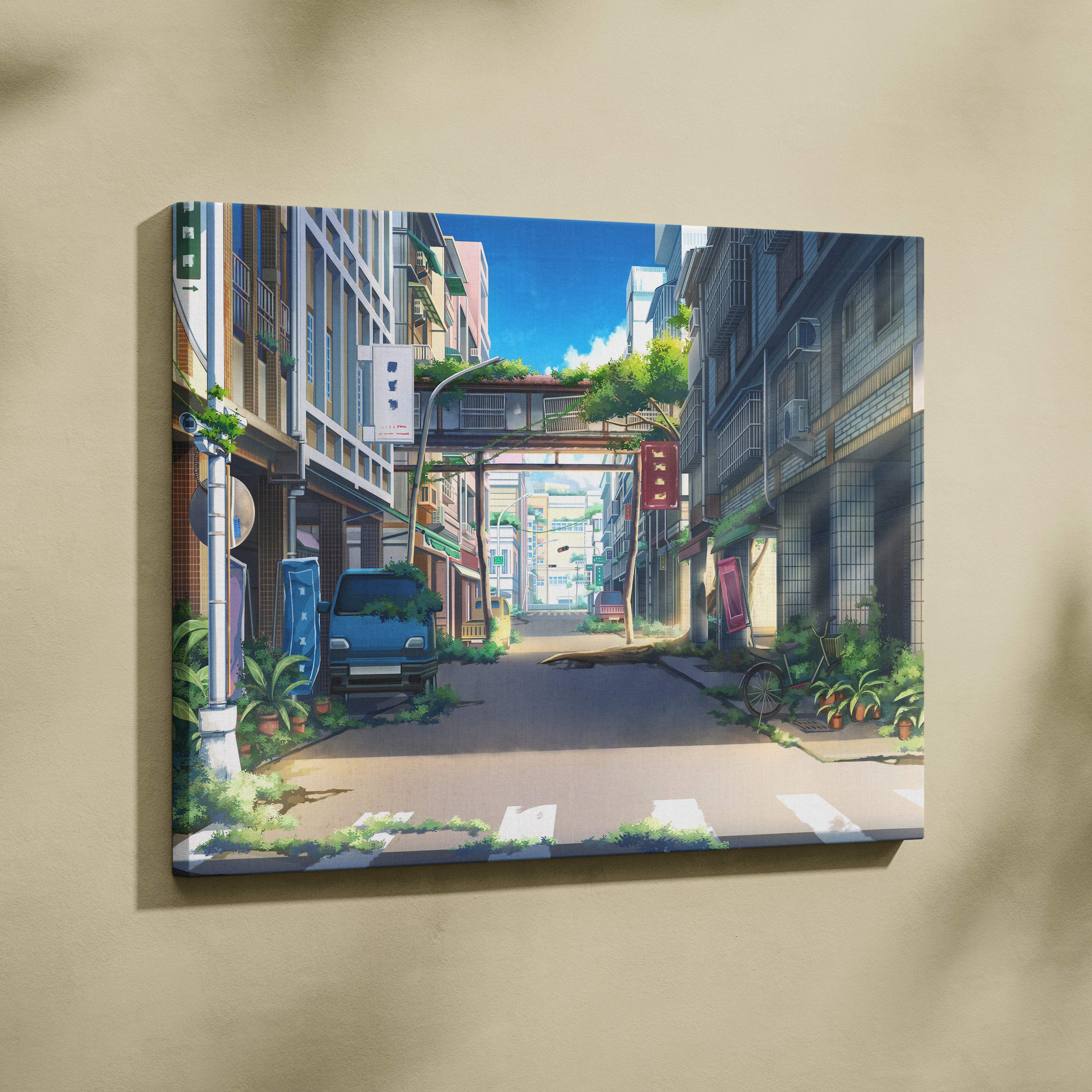 Vibrant anime style canvas wall art print featuring a blue van and pastel urban cityscape for modern bedroom decor