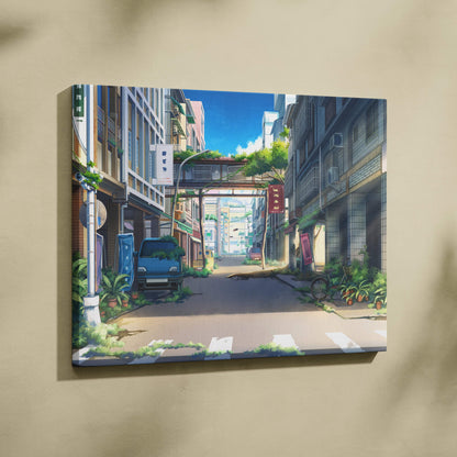 Vibrant anime style canvas wall art print featuring a blue van and pastel urban cityscape for modern bedroom decor