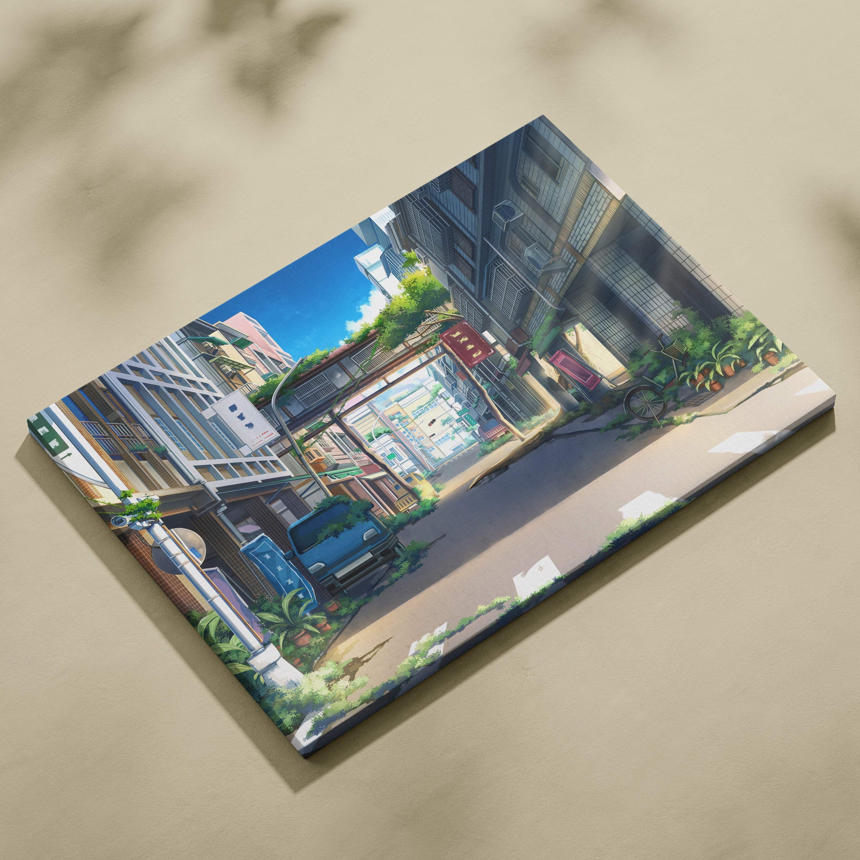 Sunny Japanese anime street canvas wall art print featuring colorful buildings greenery and vehicles under blue sky
