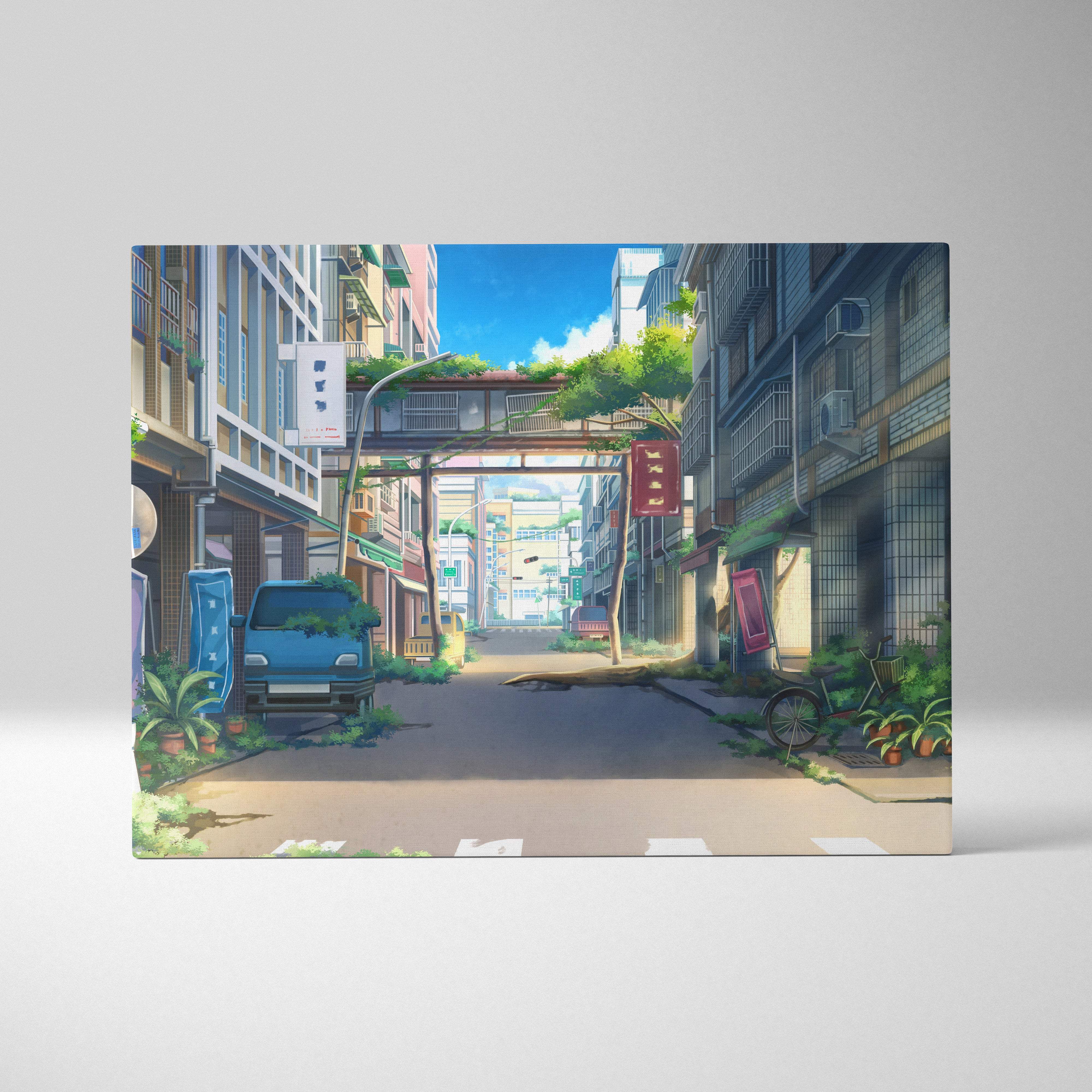 Sunny Japanese anime street canvas print featuring a blue van, greenery, and buildings under a bright sky