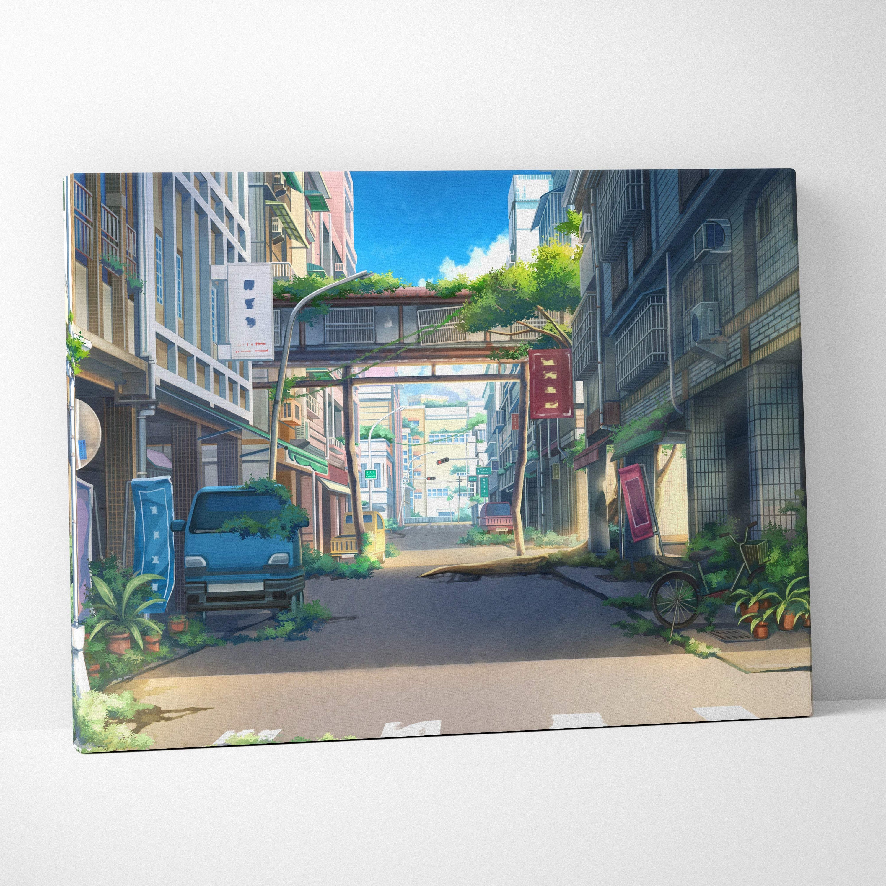 Vibrant japanese anime street canvas print featuring a blue car lush greenery colorful buildings for modern decor