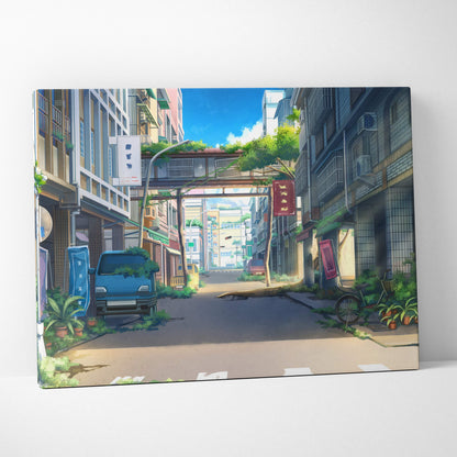 Vibrant japanese anime street canvas print featuring a blue car lush greenery colorful buildings for modern decor