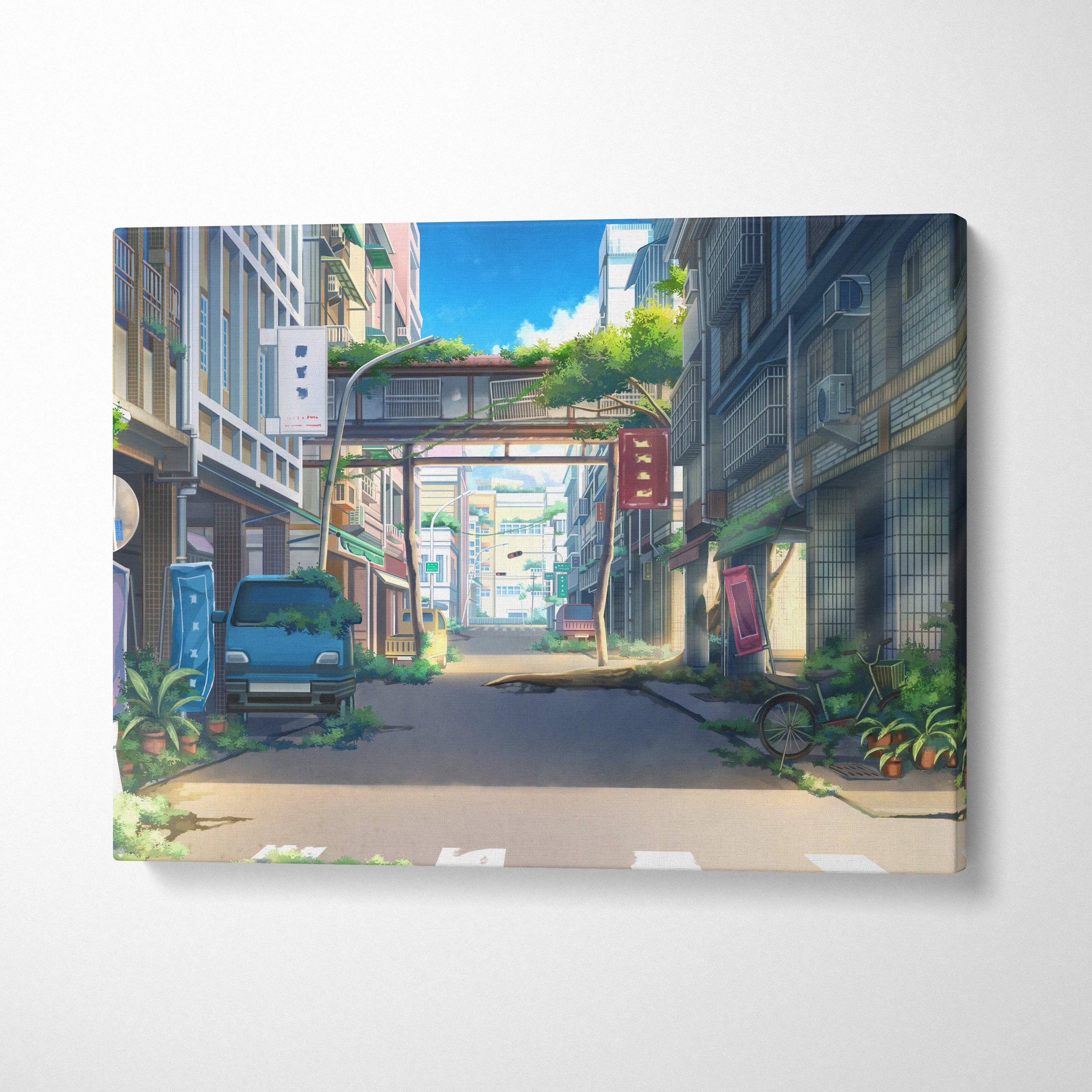 Sunny Japanese anime street canvas wall art print featuring a blue van green urban cityscape for bedroom decor