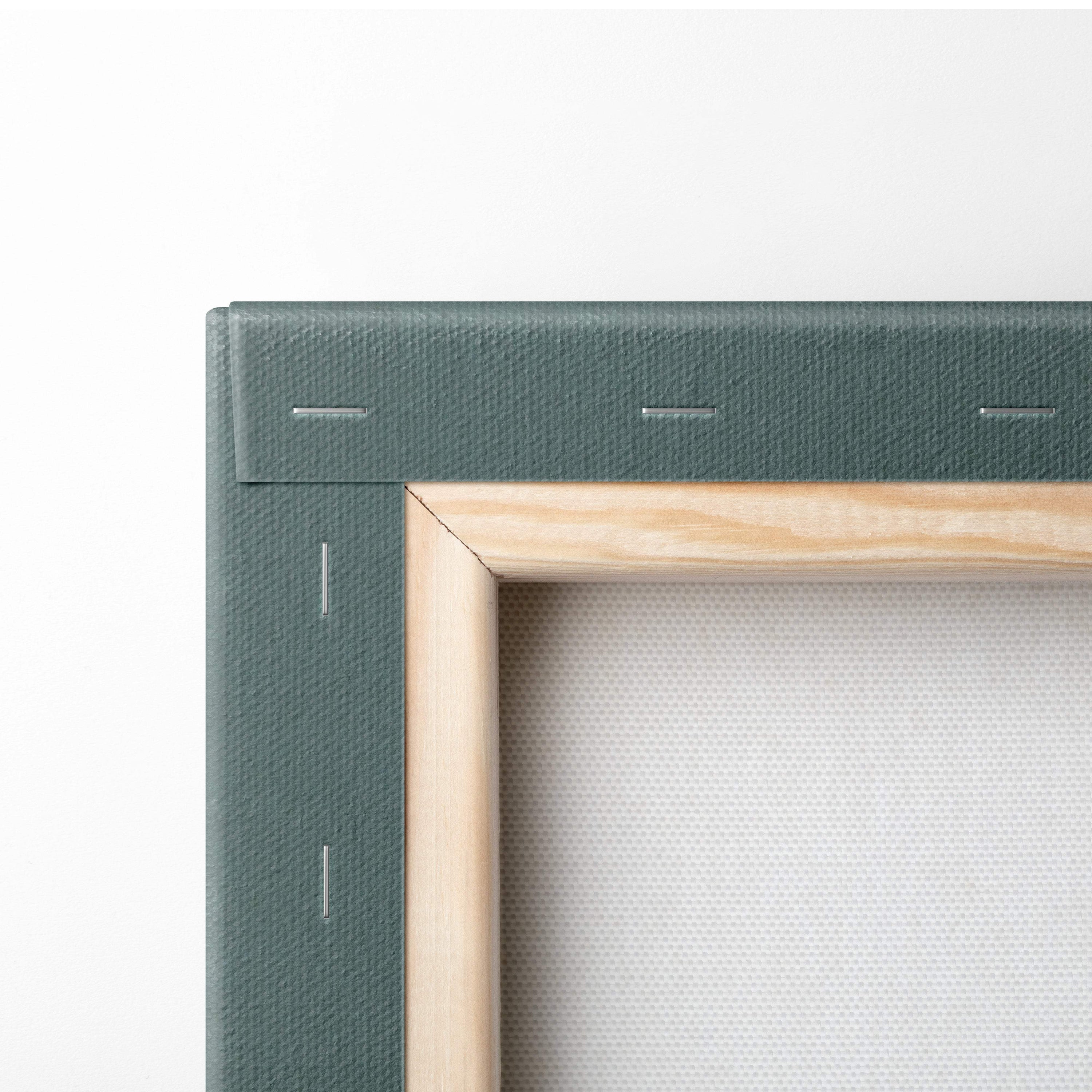 Contemporary green nature face canvas wall art with teal painting and light wood edge frame for moody surreal decor