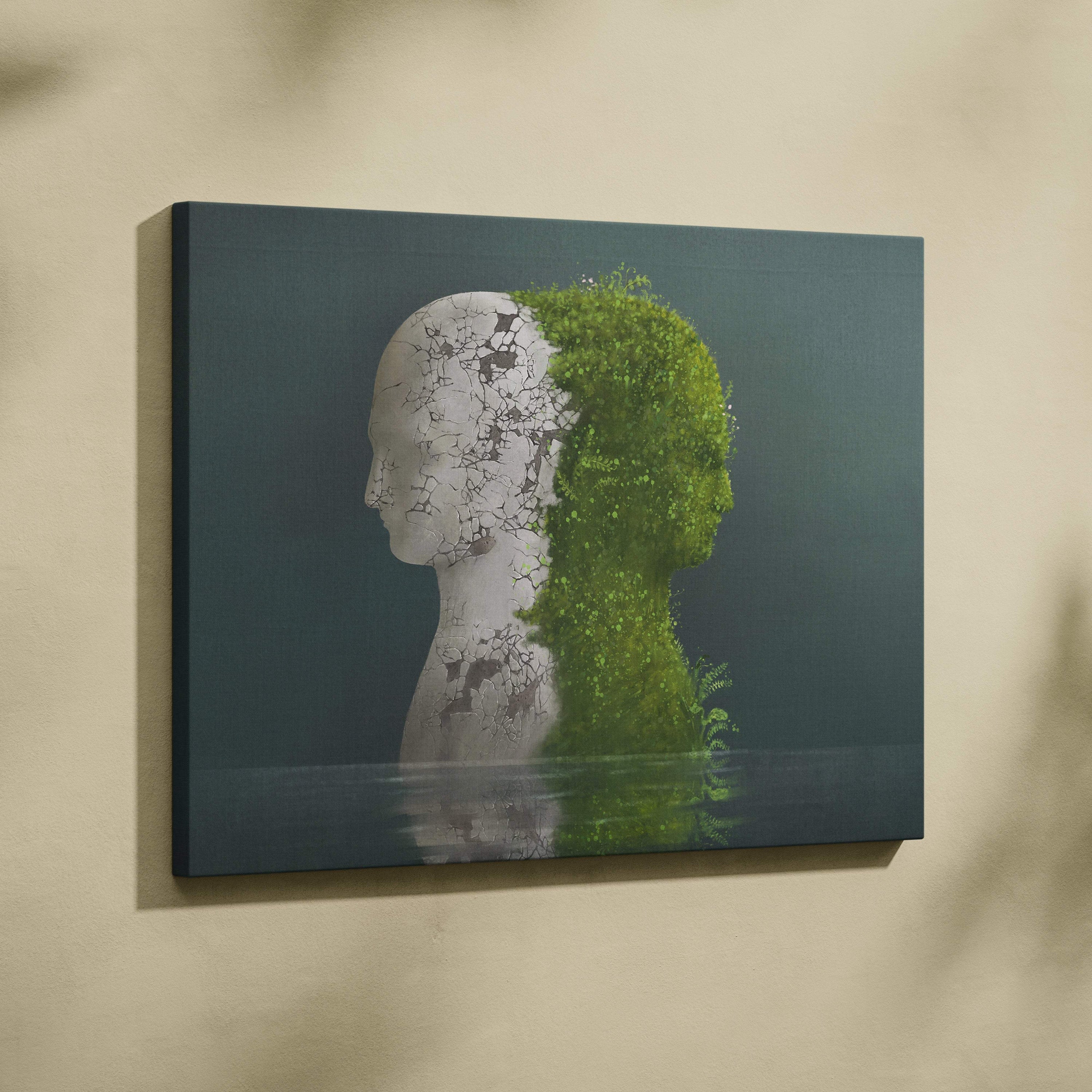 Contemporary green nature face canvas wall art with a cracked white stone half and lush green foliage portrait print