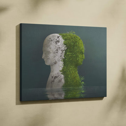 Contemporary green nature face canvas wall art with a cracked white stone half and lush green foliage portrait print