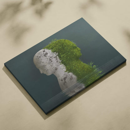 Rectangular canvas print showing a stylized human head with one cracked white side and one green foliage side