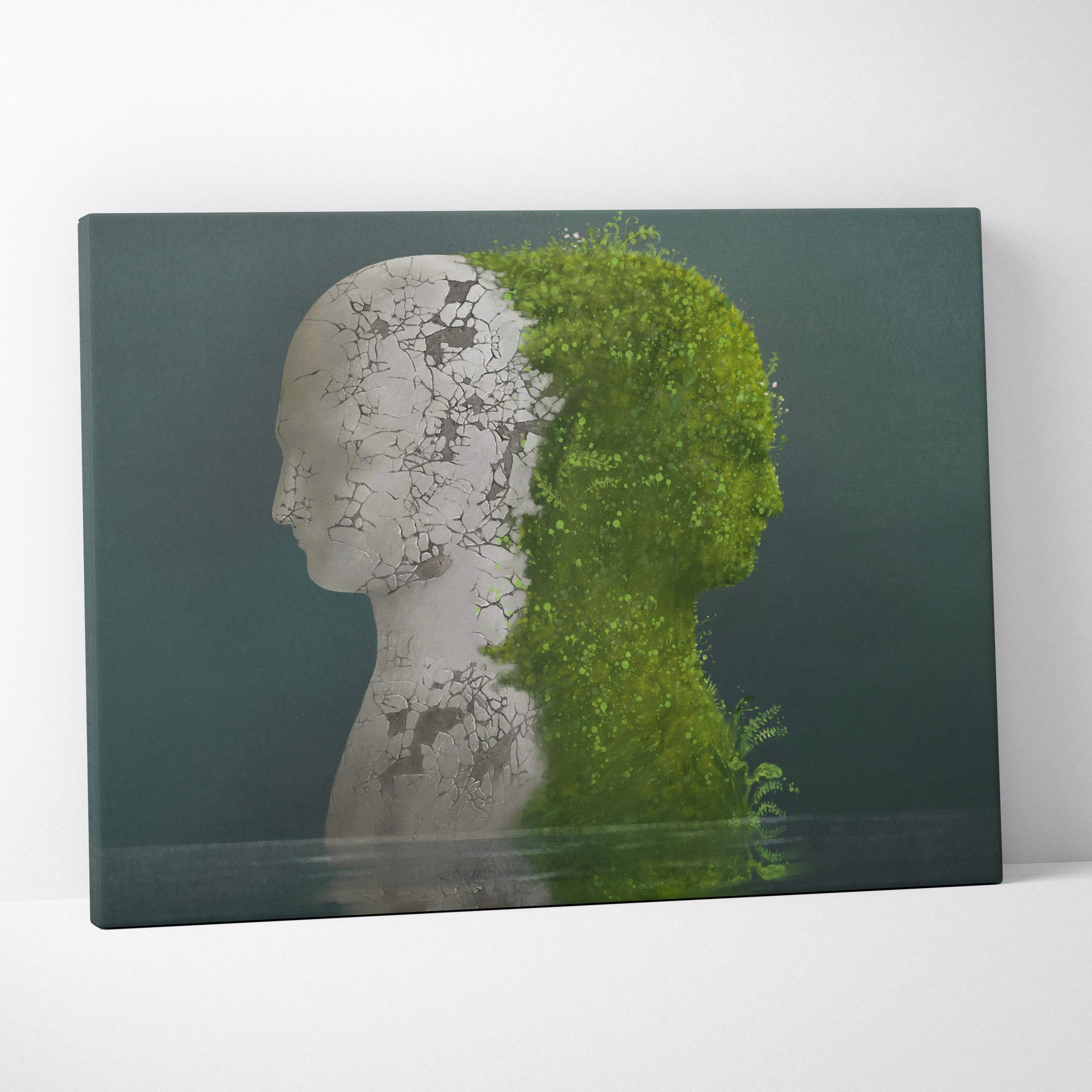 A contemporary canvas print of a cracked white human head half covered with vibrant green mossy foliage wall art