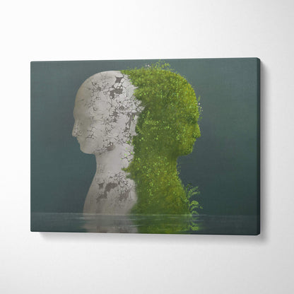 Contemporary green nature face canvas wall art showing a cracked white sculpture portrait half covered in vibrant foliage