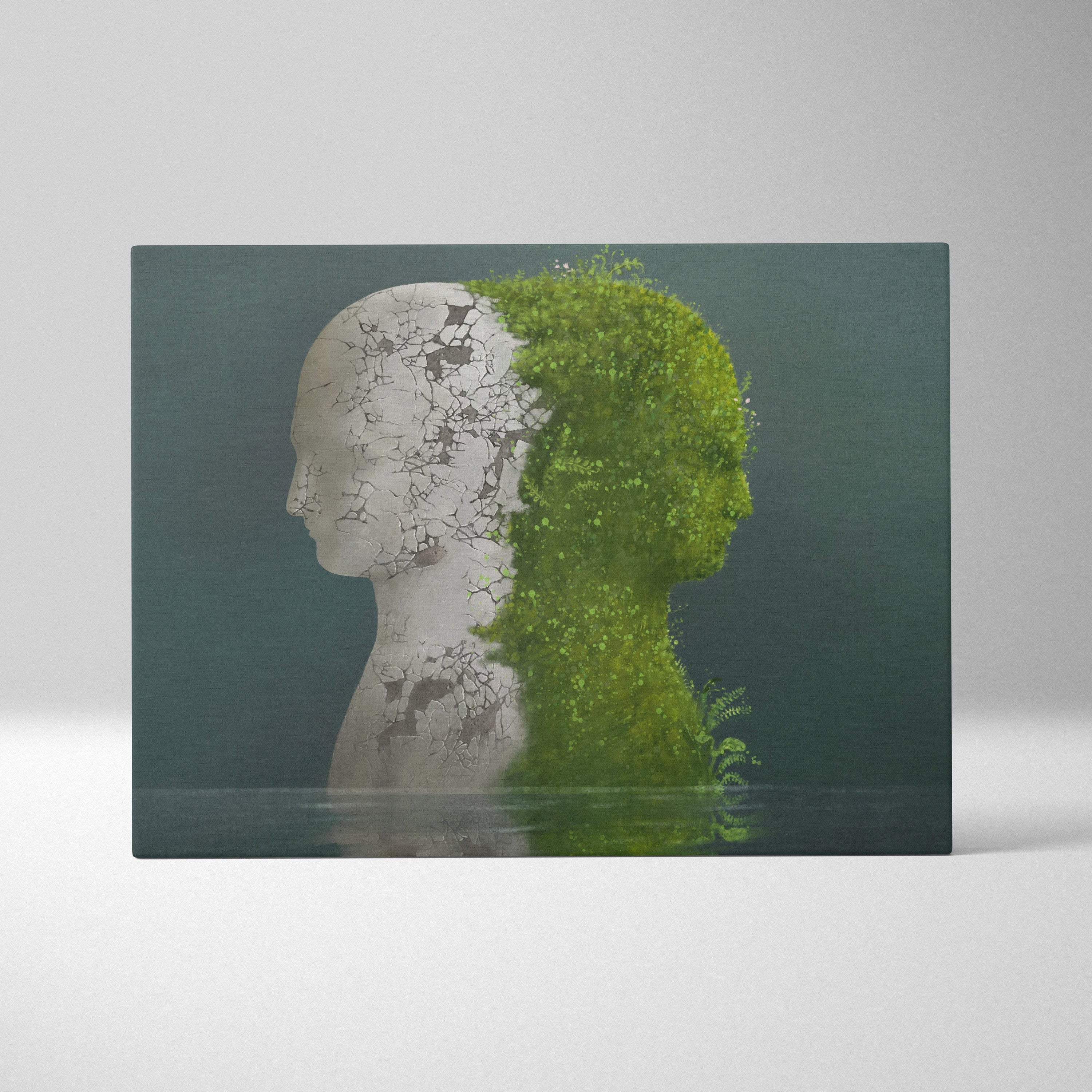 Contemporary green nature face canvas wall art showing a cracked white stone head half covered with vibrant green moss