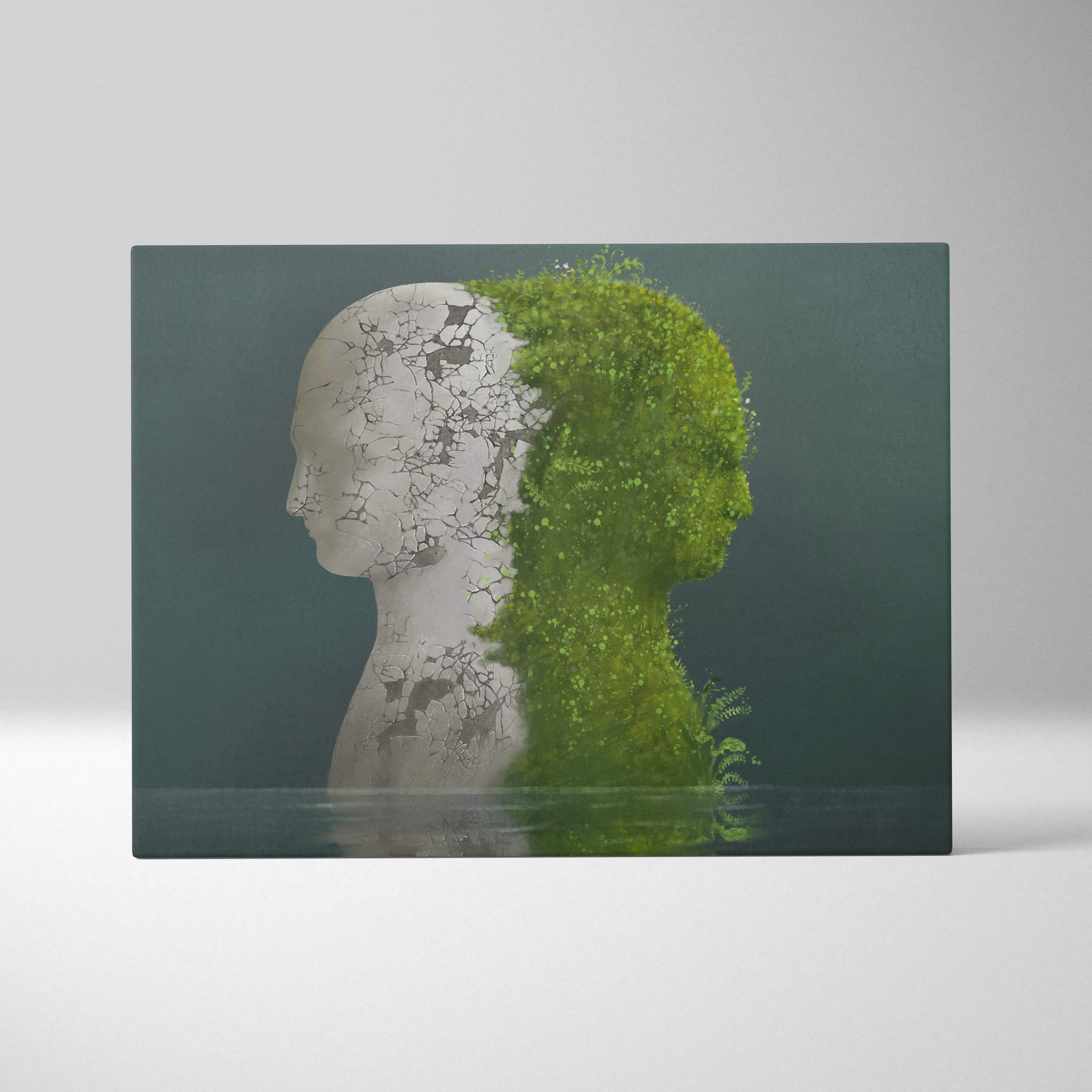 Contemporary green nature face canvas wall art showing a cracked white stone head half covered with vibrant green moss