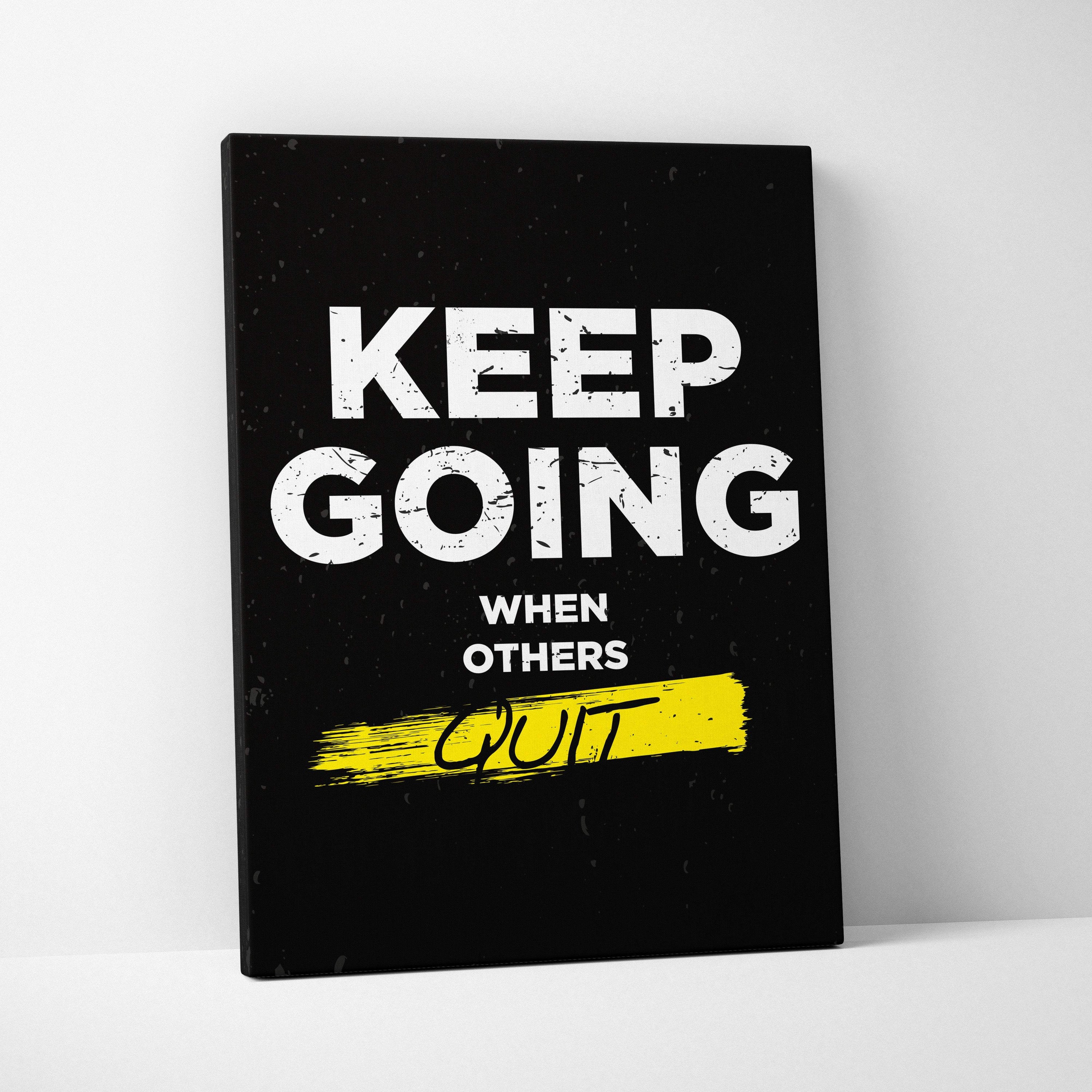 Black canvas print with bold white and yellow motivational text for gym office or home wall art decor