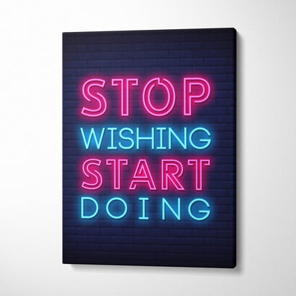Vibrant pink and blue neon motivational canvas wall art with stop wishing start doing quote for office gym or home decor