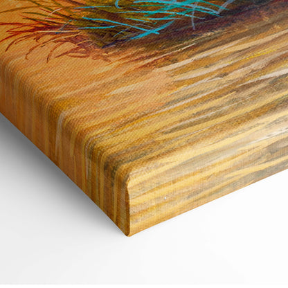 Colorful abstract tree landscape canvas print with textured golden brown edges and bold teal red earthy brushstrokes
