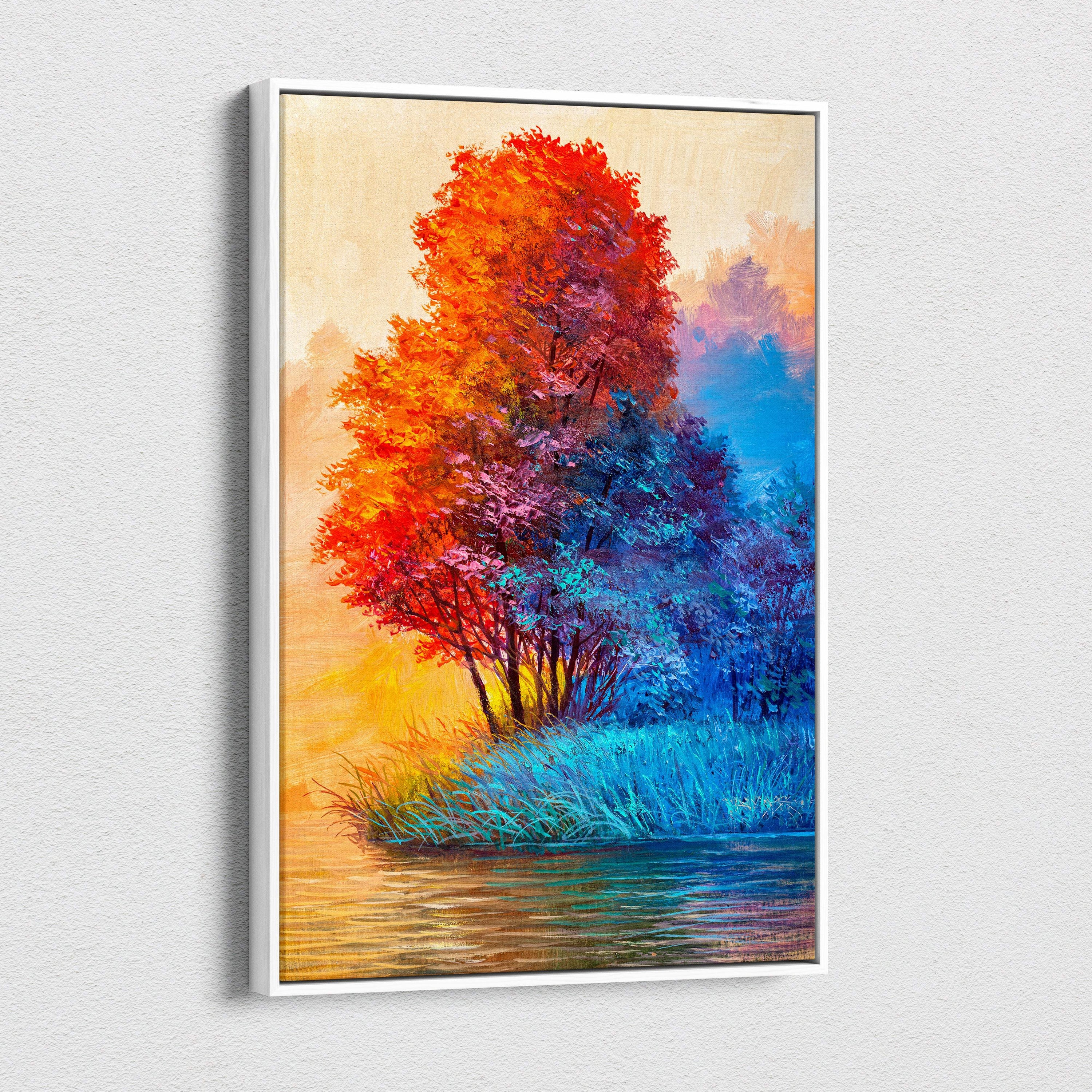 A vibrant framed canvas print of an abstract tree with fiery red orange leaves on a cool blue background in oil style