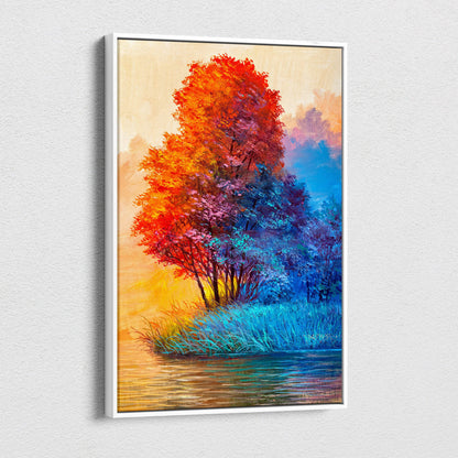 A vibrant framed canvas print of an abstract tree with fiery red orange leaves on a cool blue background in oil style
