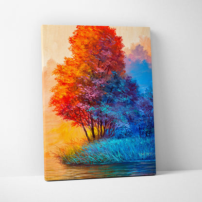 Colorful abstract tree landscape canvas print with fiery orange red and cool blue purple leaves in oil painting style