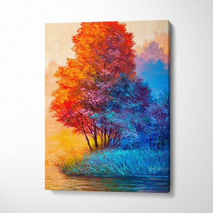 Colorful abstract tree landscape canvas print with fiery orange red leaves and cool blue foliage on island surrounded by water