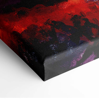 Vibrant meadow landscape canvas print featuring bold reds blacks and purples on textured fabric with expressionist style