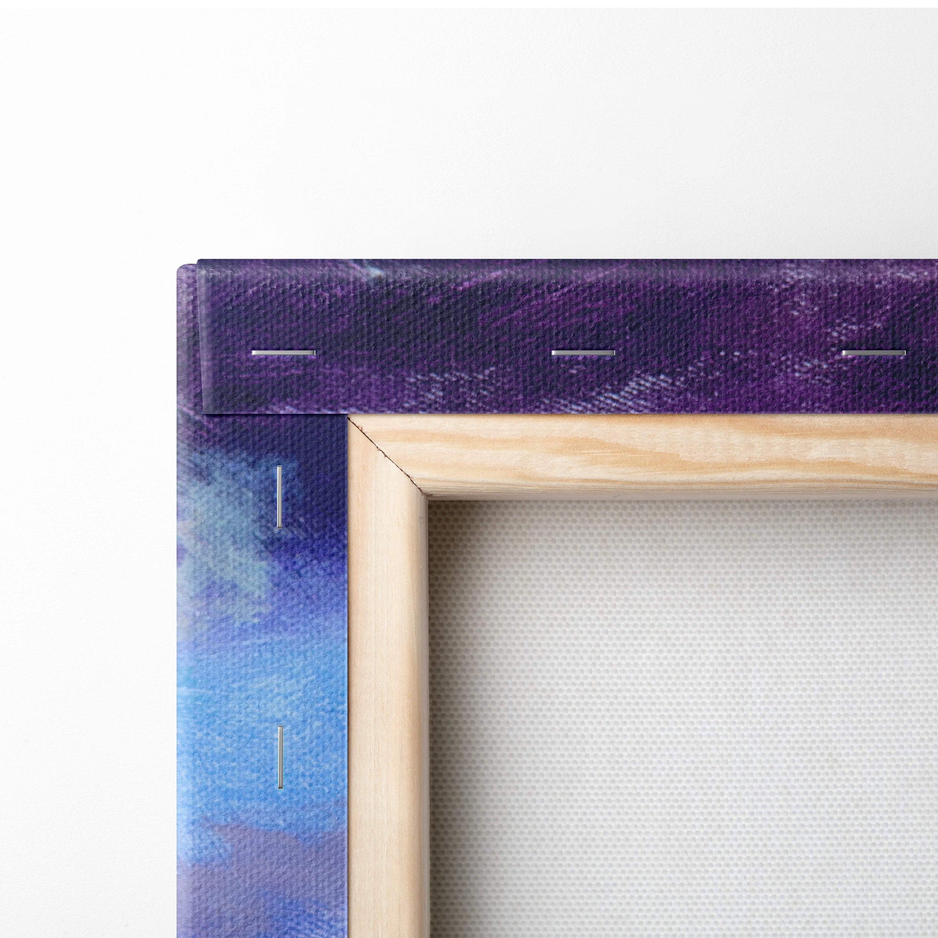 Vibrant meadow landscape canvas print with purple and blue gradient and light wood frame in modern expressionist style