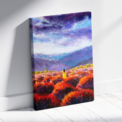 Vibrant meadow landscape canvas print with a lone woman in yellow amid bold red orange flowers and a purple sky