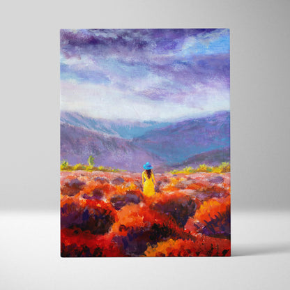Vibrant meadow landscape canvas print with a solitary woman in a yellow dress amid fiery terrain and dramatic purple sky