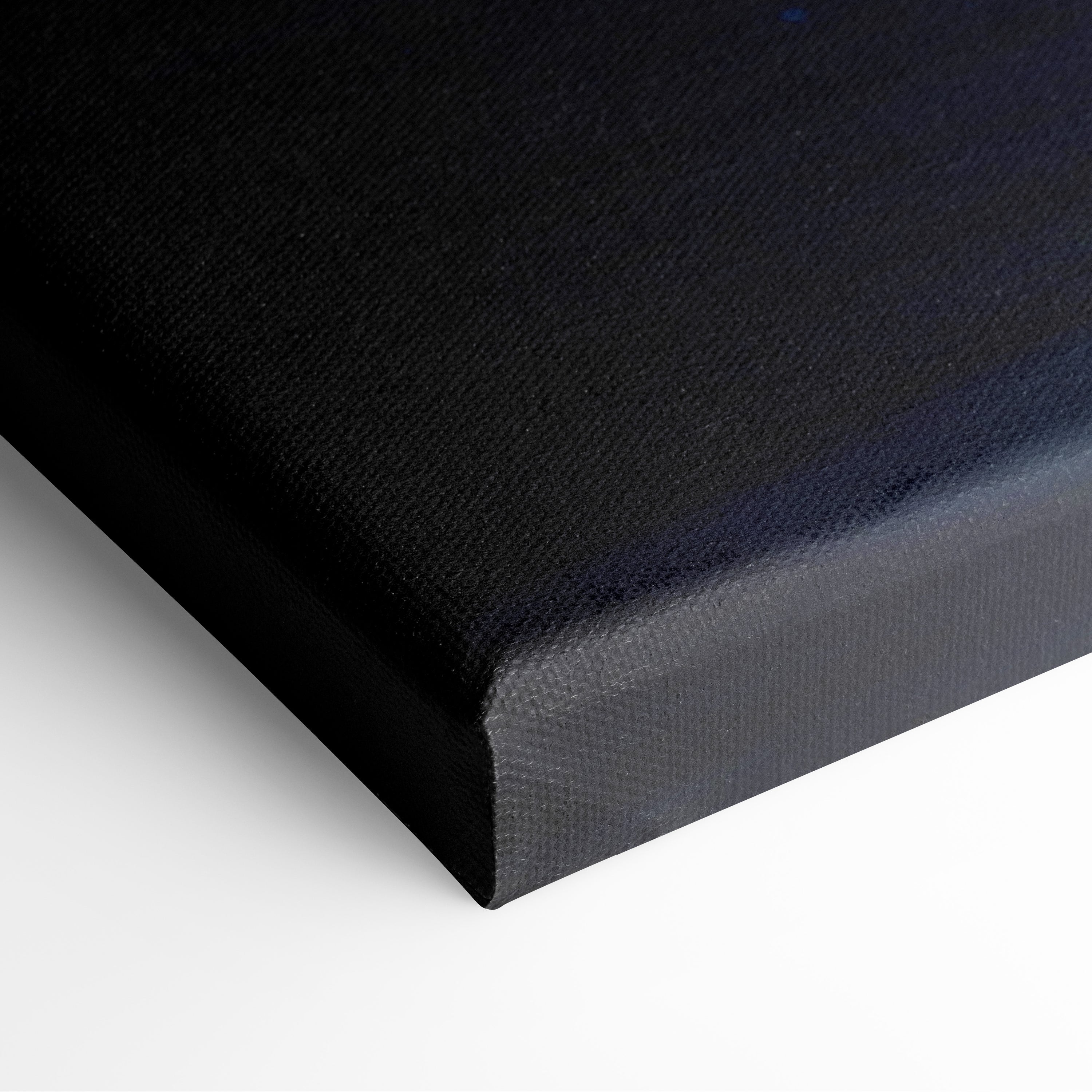 Black canvas wall art print with textured surface and raised edges glowing blue portal digital decor