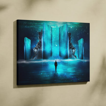 Rectangular canvas print showing a solitary figure walking toward glowing blue monoliths under a starry sky for modern decor