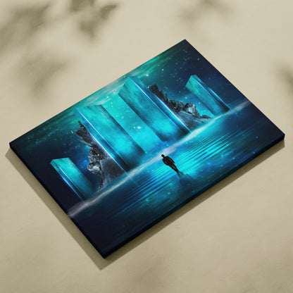 A rectangular glowing blue portal canvas print with turquoise pillars and a silhouette for modern bedroom or office decor