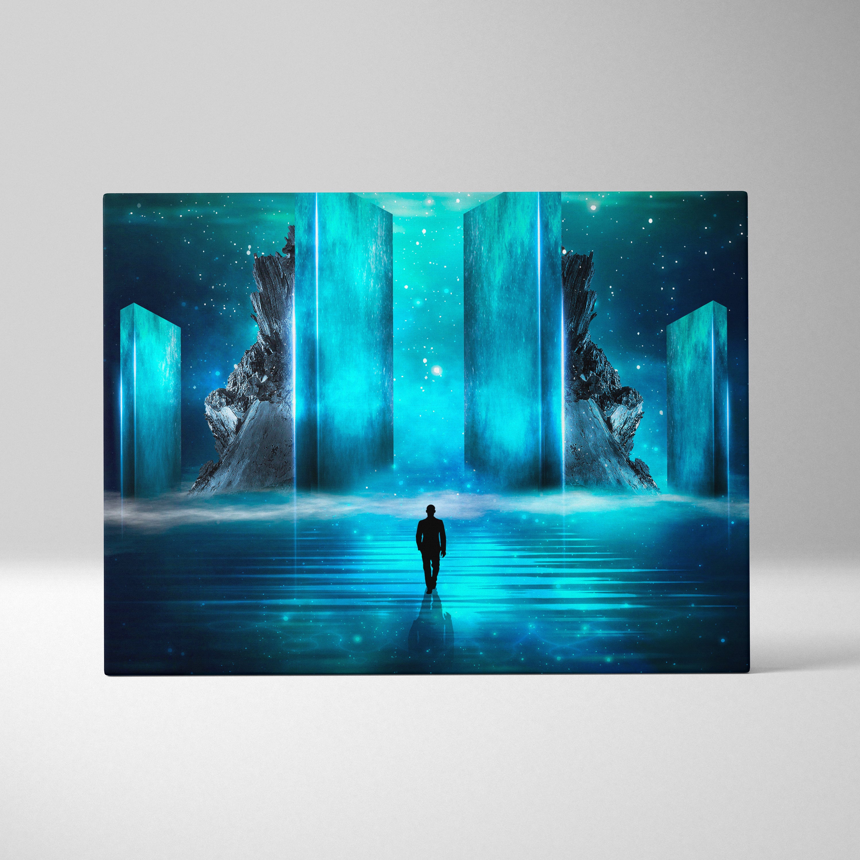 A rectangular canvas print featuring a glowing blue portal with a solitary figure in a futuristic sci fi cavern design