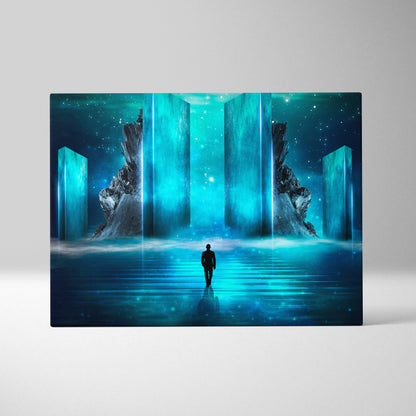 A rectangular canvas print featuring a glowing blue portal with a solitary figure in a futuristic sci fi cavern design