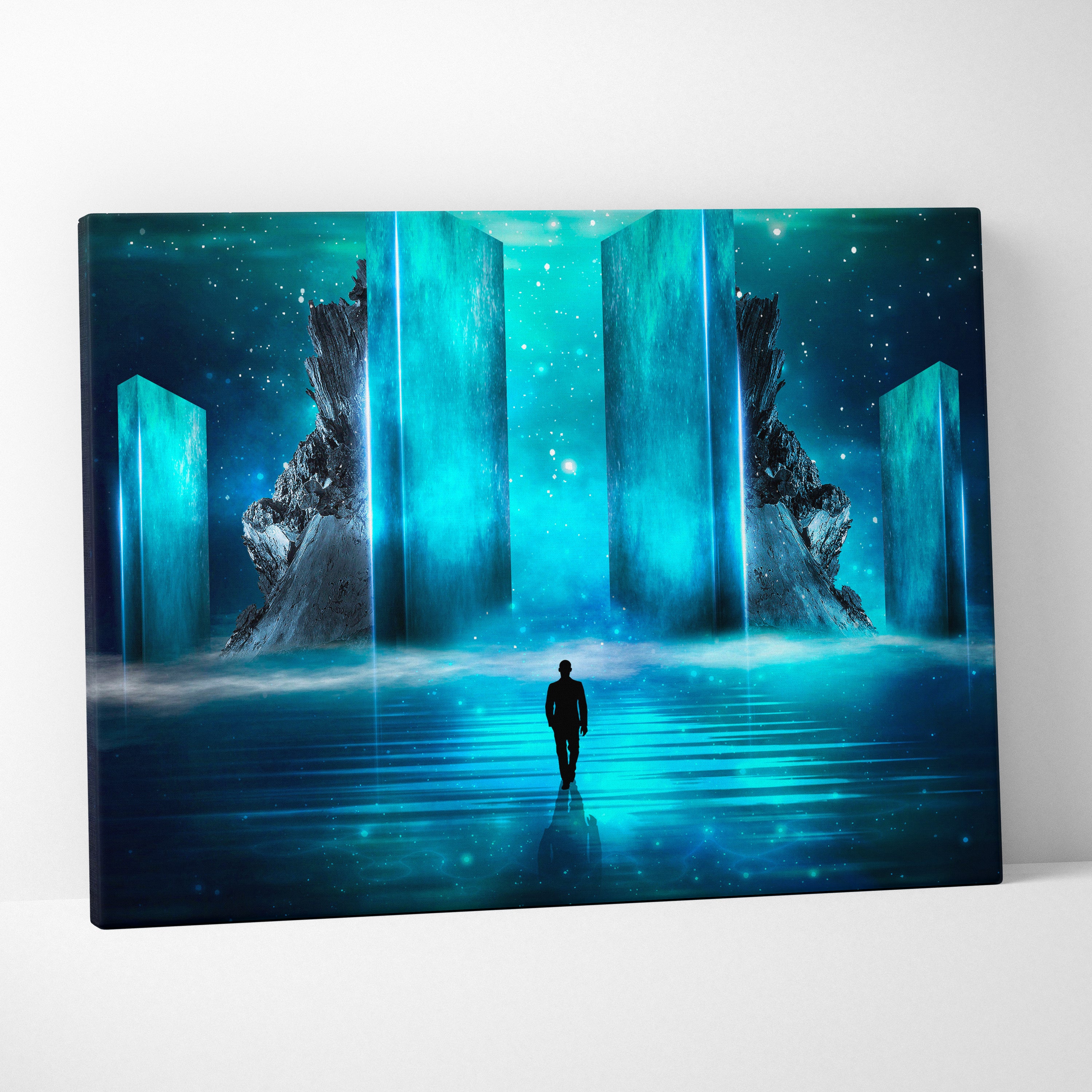 Rectangular canvas print of a glowing blue portal with a solitary figure in a futuristic sci fi digital art decor