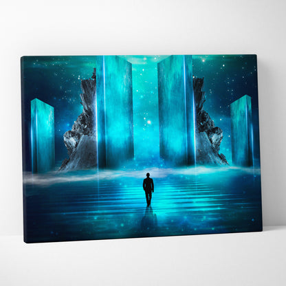 Rectangular canvas print of a glowing blue portal with a solitary figure in a futuristic sci fi digital art decor