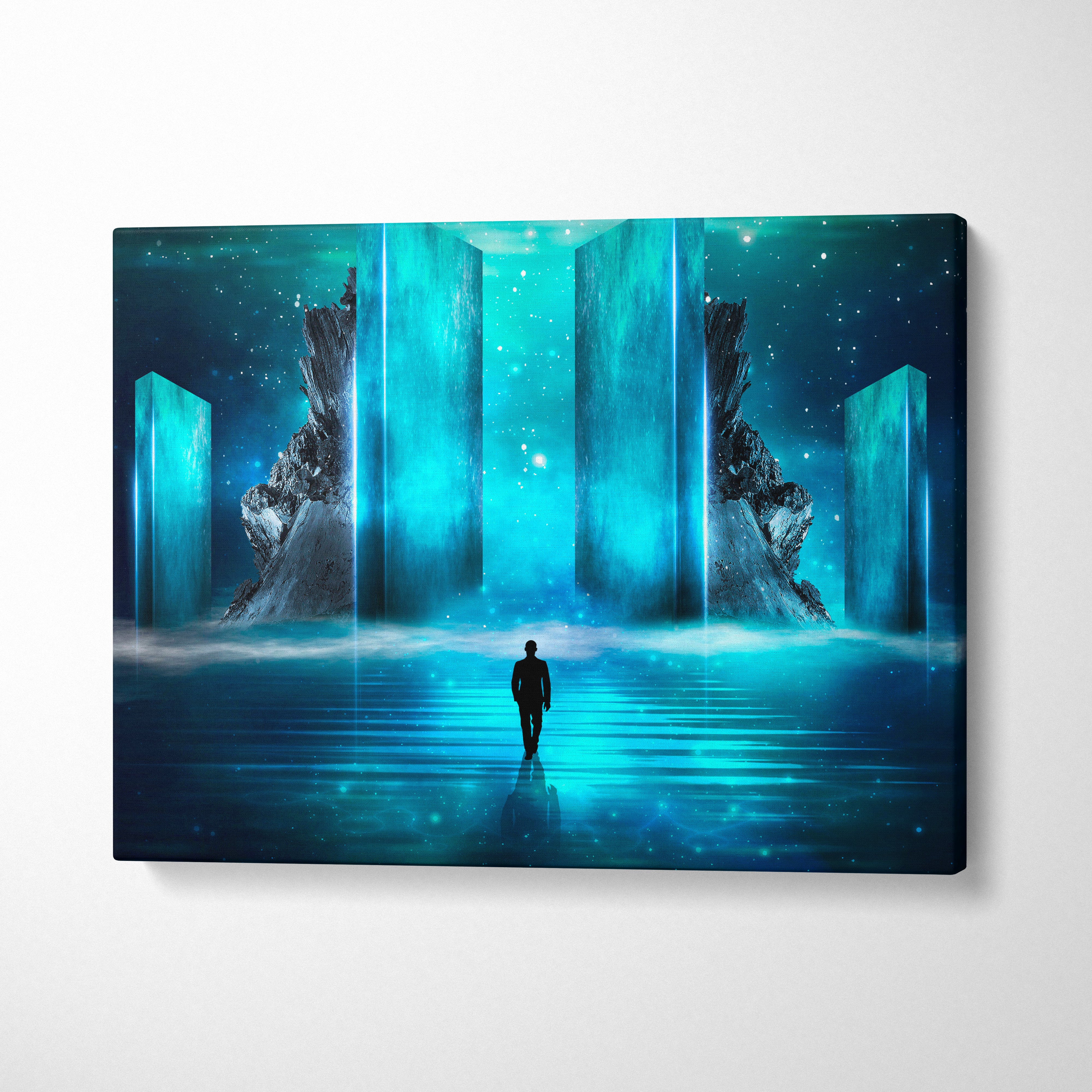 A rectangular canvas print featuring a solitary figure walking toward glowing blue portal structures under a starry sky