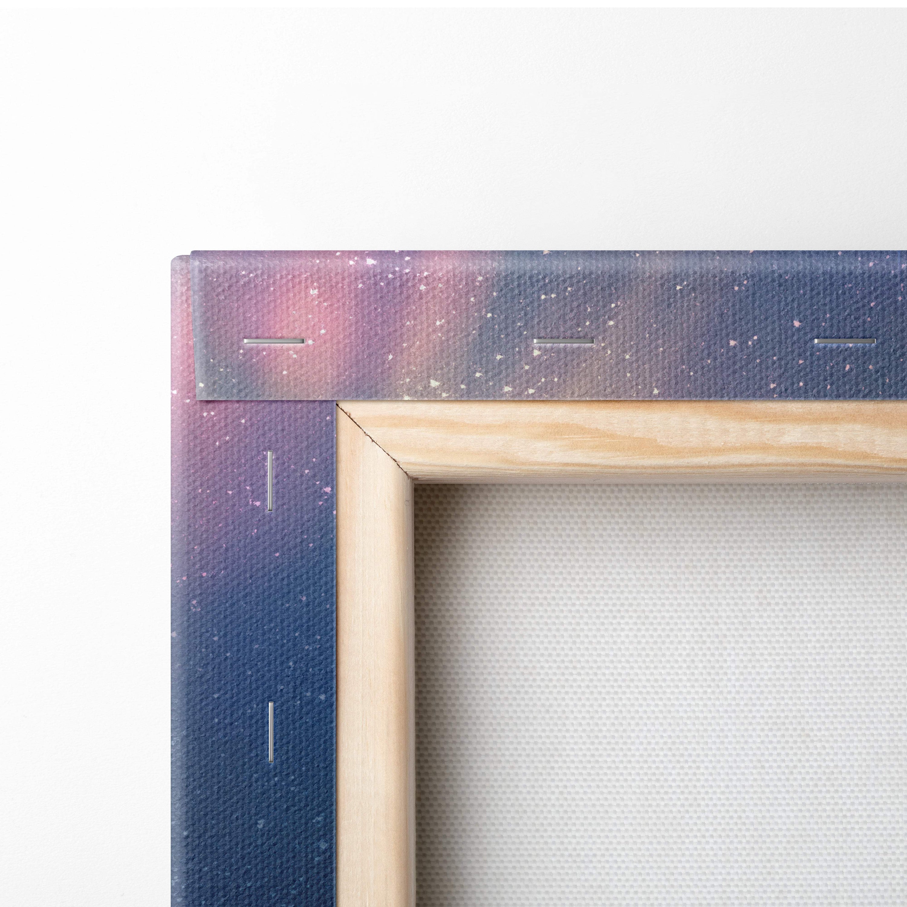 A wooden-framed canvas print featuring a blue cosmic gradient with white stars titled floating astronaut near earth