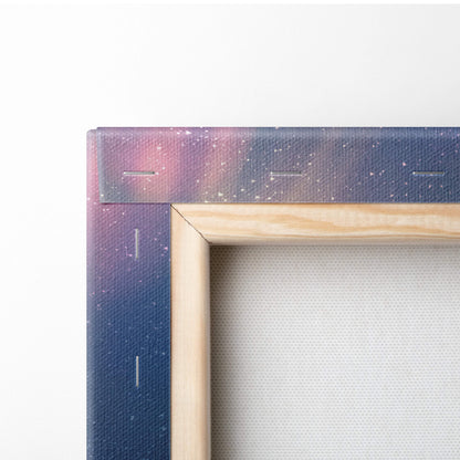 A wooden-framed canvas print featuring a blue cosmic gradient with white stars titled floating astronaut near earth