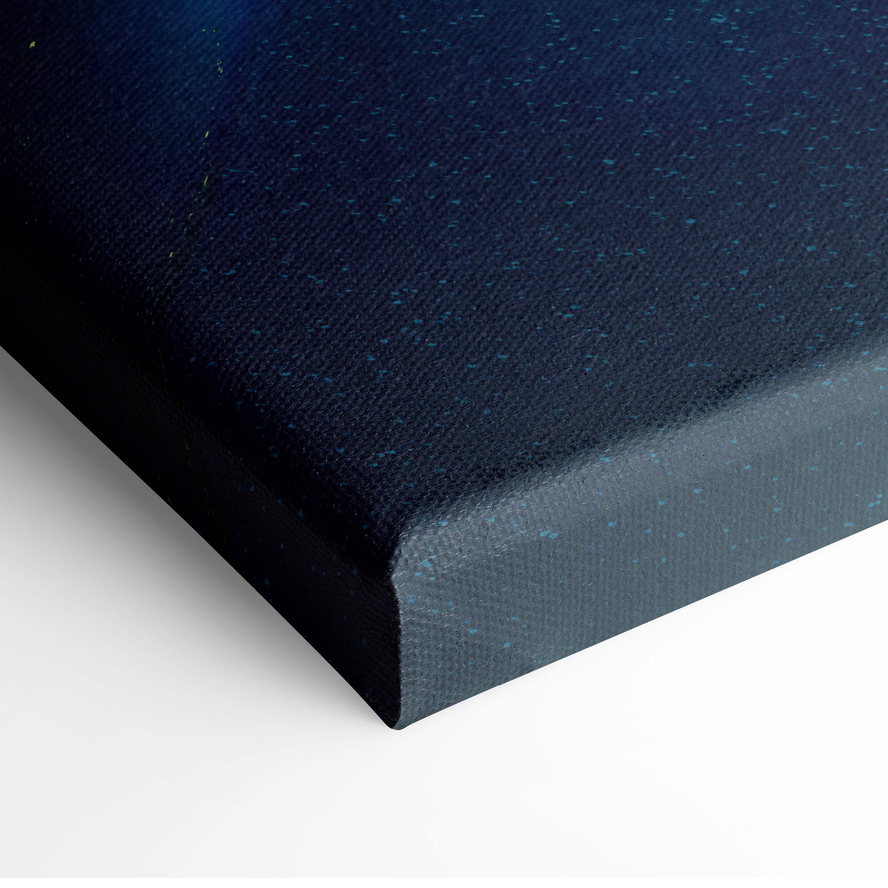 Dark blue canvas with subtle speckled texture and reinforced edges for floating astronaut near earth wall decor