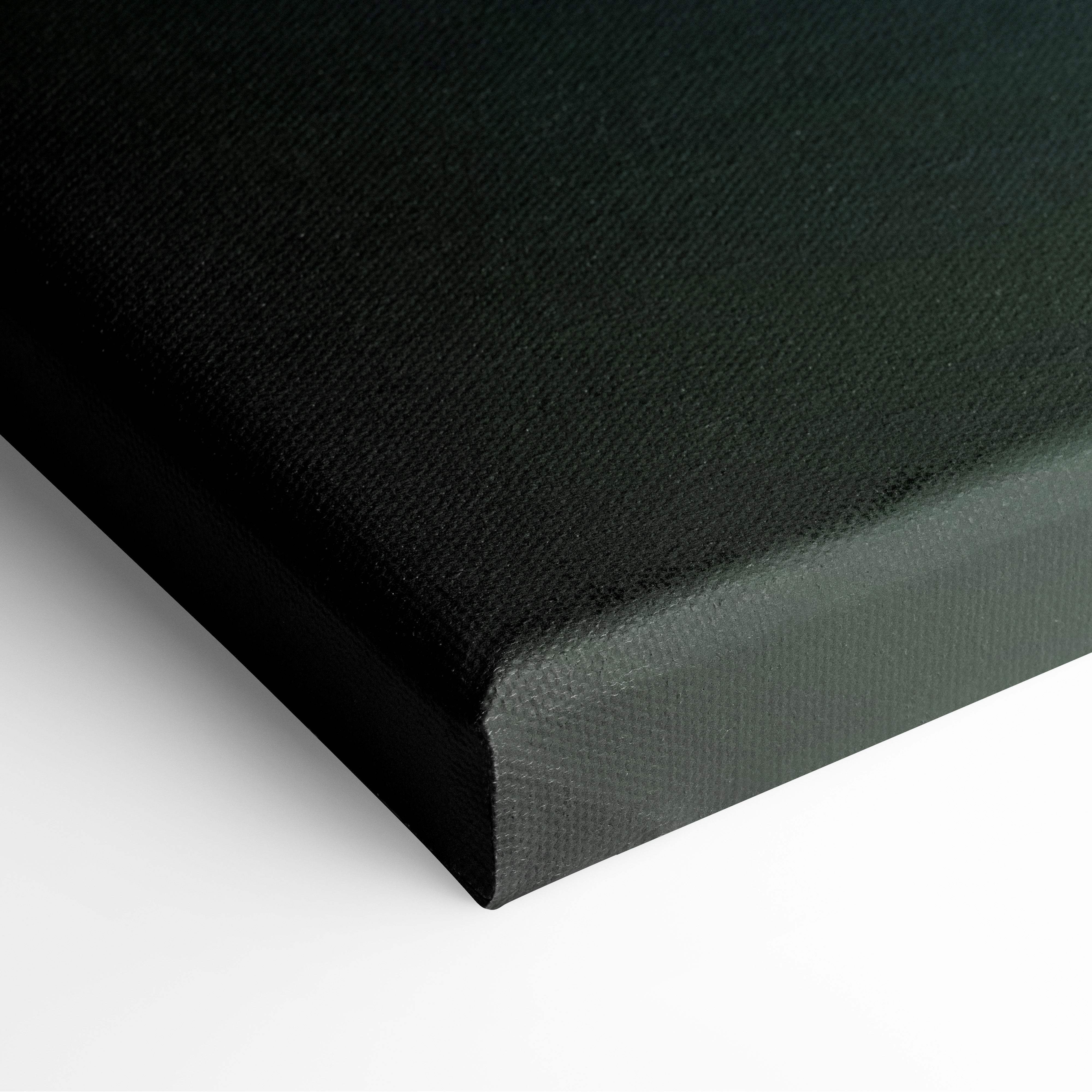 Black canvas print with textured surface and wrapped edges featuring futuristic spacecraft orbit scene for modern decor