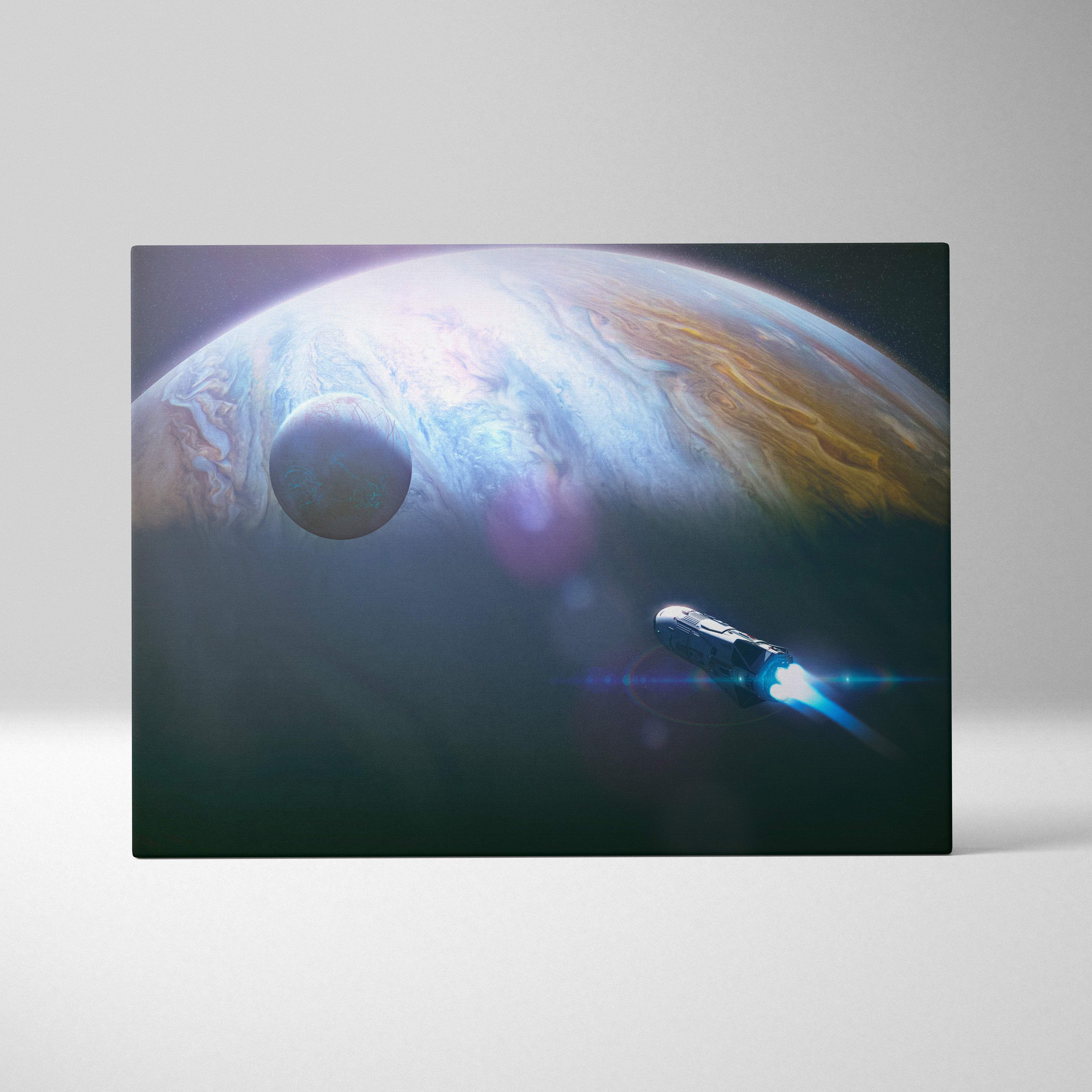 Futuristic spacecraft orbit canvas wall art featuring a rocket speeding past jupiter with swirling blue white and orange clouds
