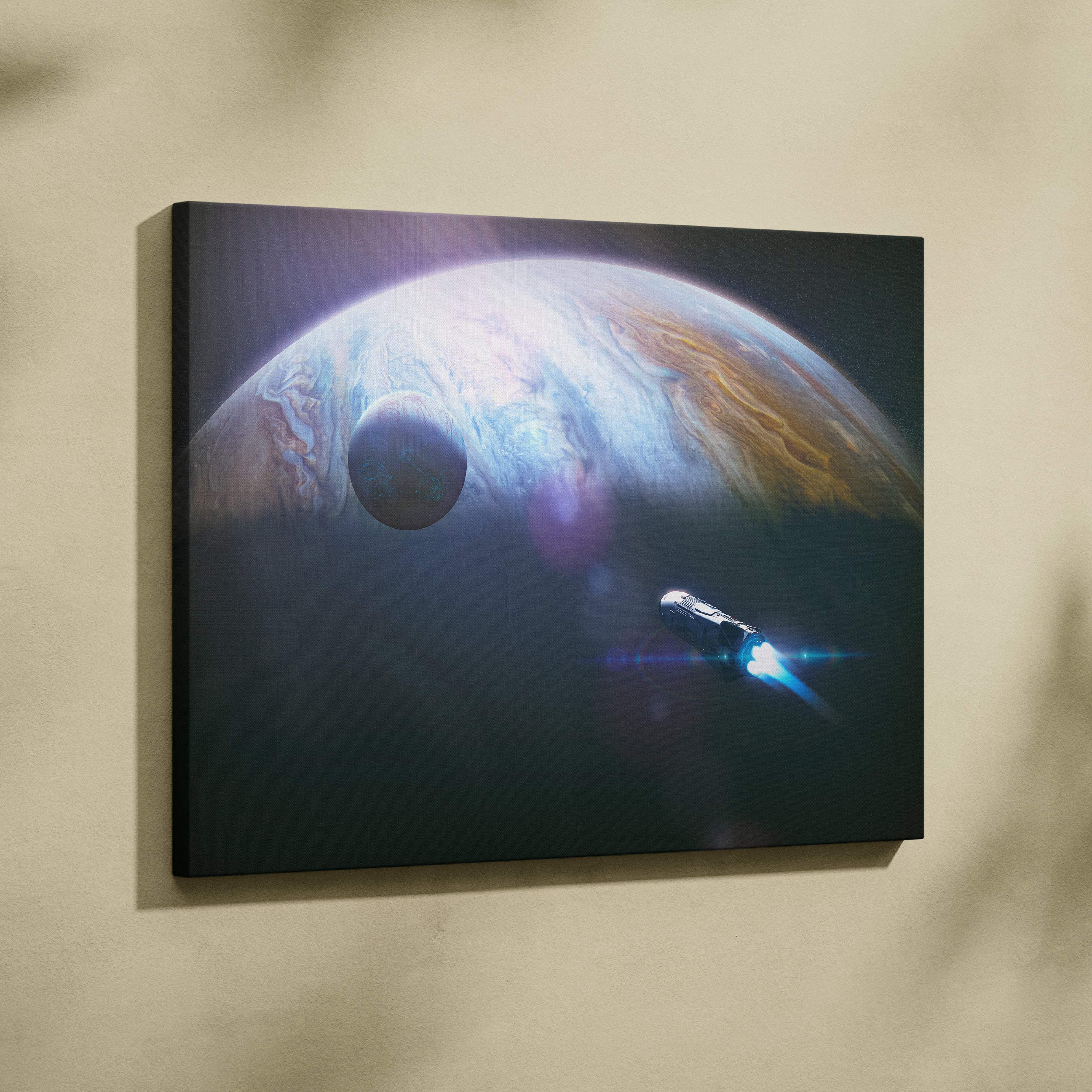 Framed canvas print of a futuristic spacecraft flying past jupiter with orange white and brown swirling clouds for modern decor