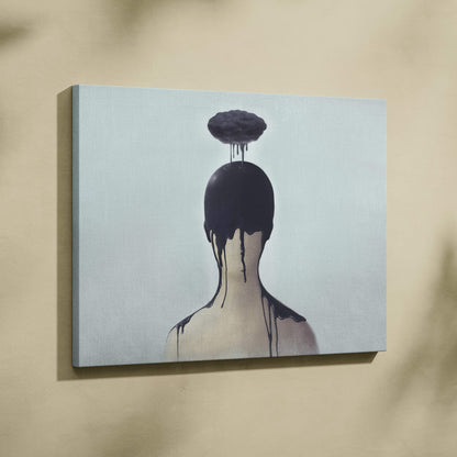 Contemporary dark cloud canvas wall art featuring a surreal black dripping figure on a pale minimalist background
