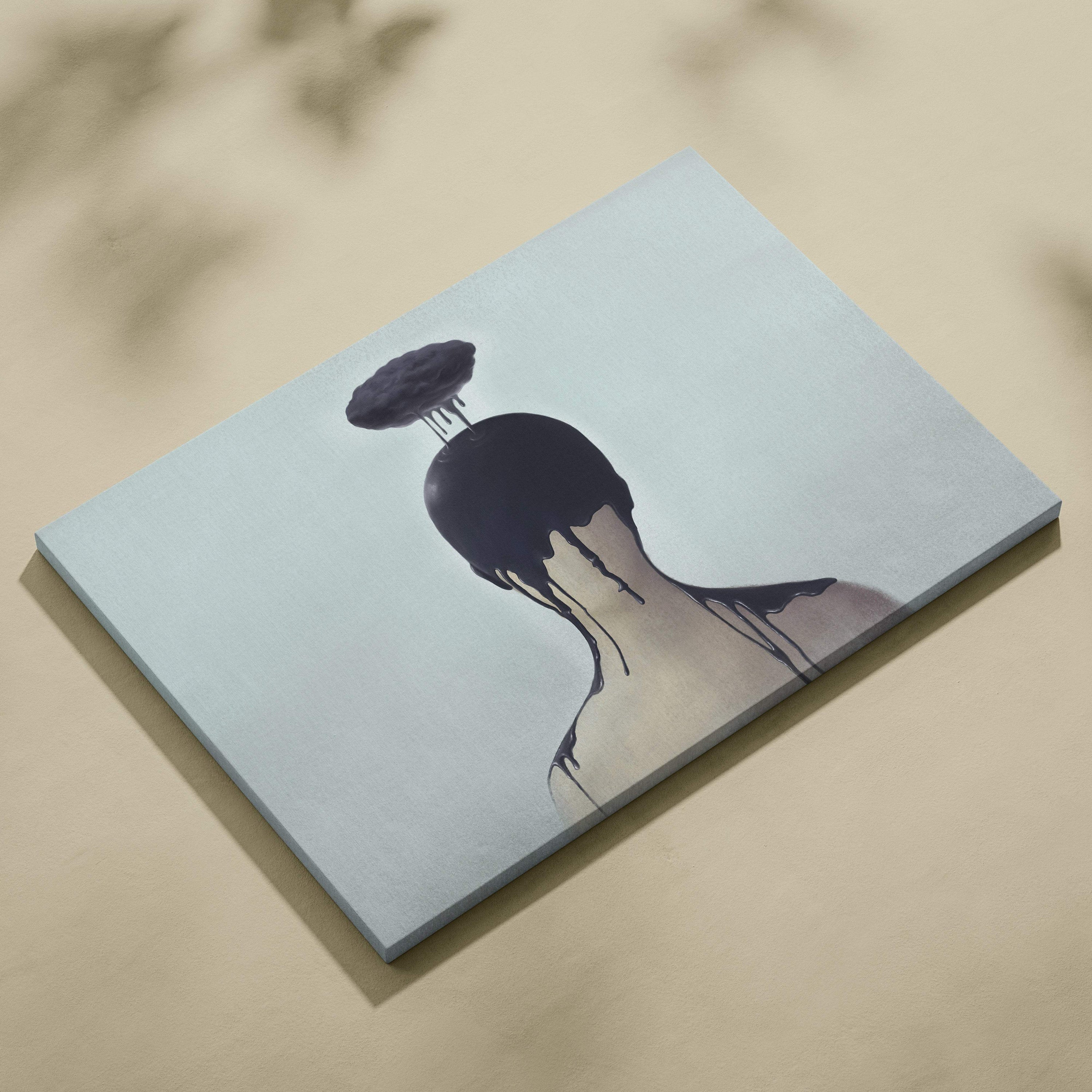 Contemporary dark cloud canvas wall art with a minimalist black silhouette head and dripping dark paint design