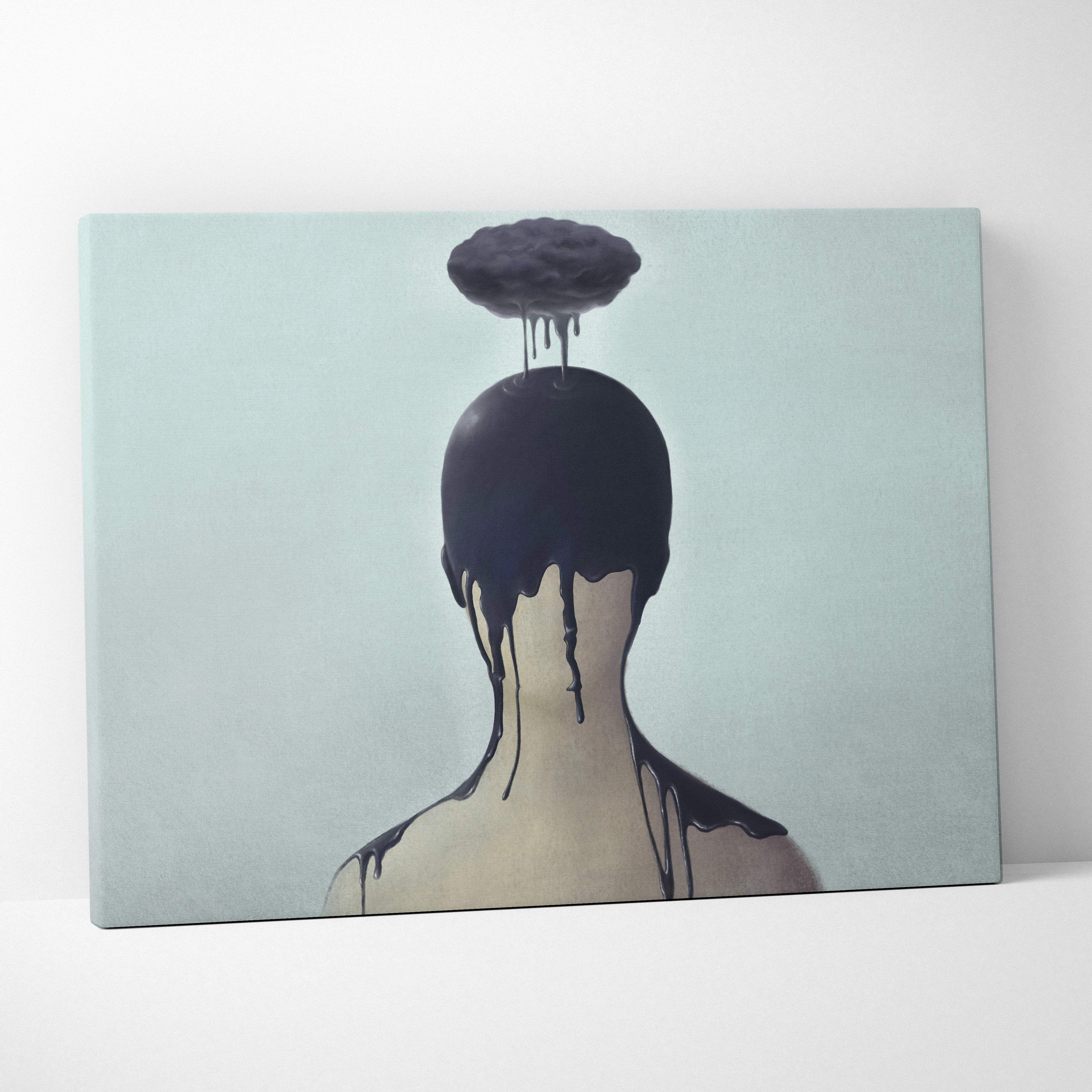 Contemporary dark cloud canvas wall art featuring a surreal black dripping figure on a pale blue background