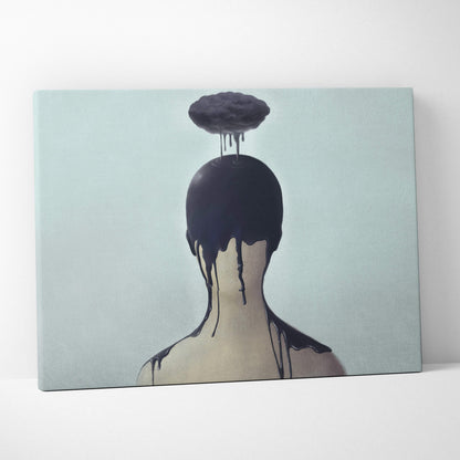 Contemporary dark cloud canvas wall art featuring a surreal black dripping figure on a pale blue background